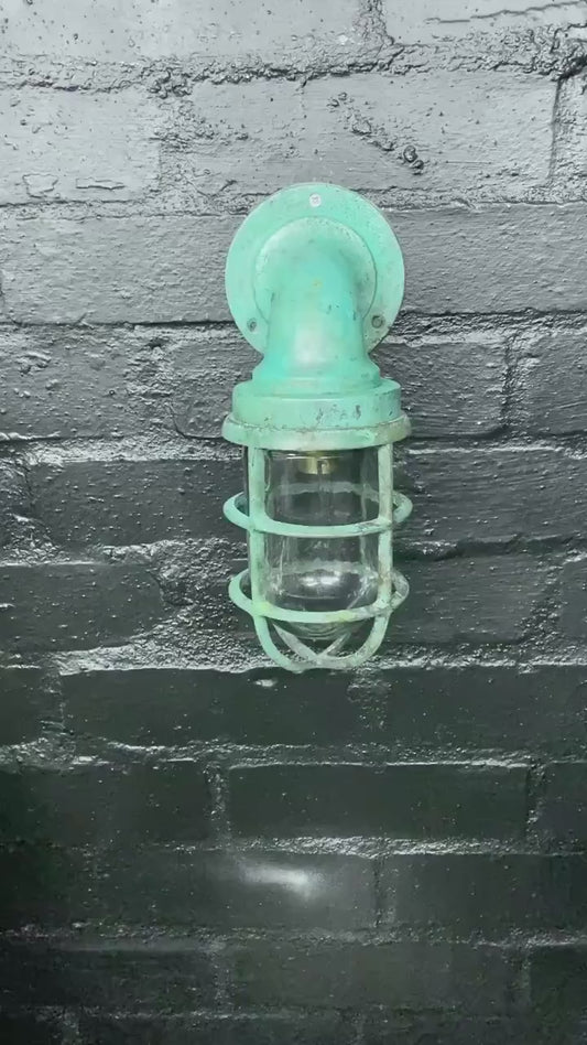 Beachamwell ~ Solid Brass Verdigris Caged Bulkhead Industrial Wall Light | Bathroom | Outdoor Garden | Vintage 1 x Edison Filament Bulb