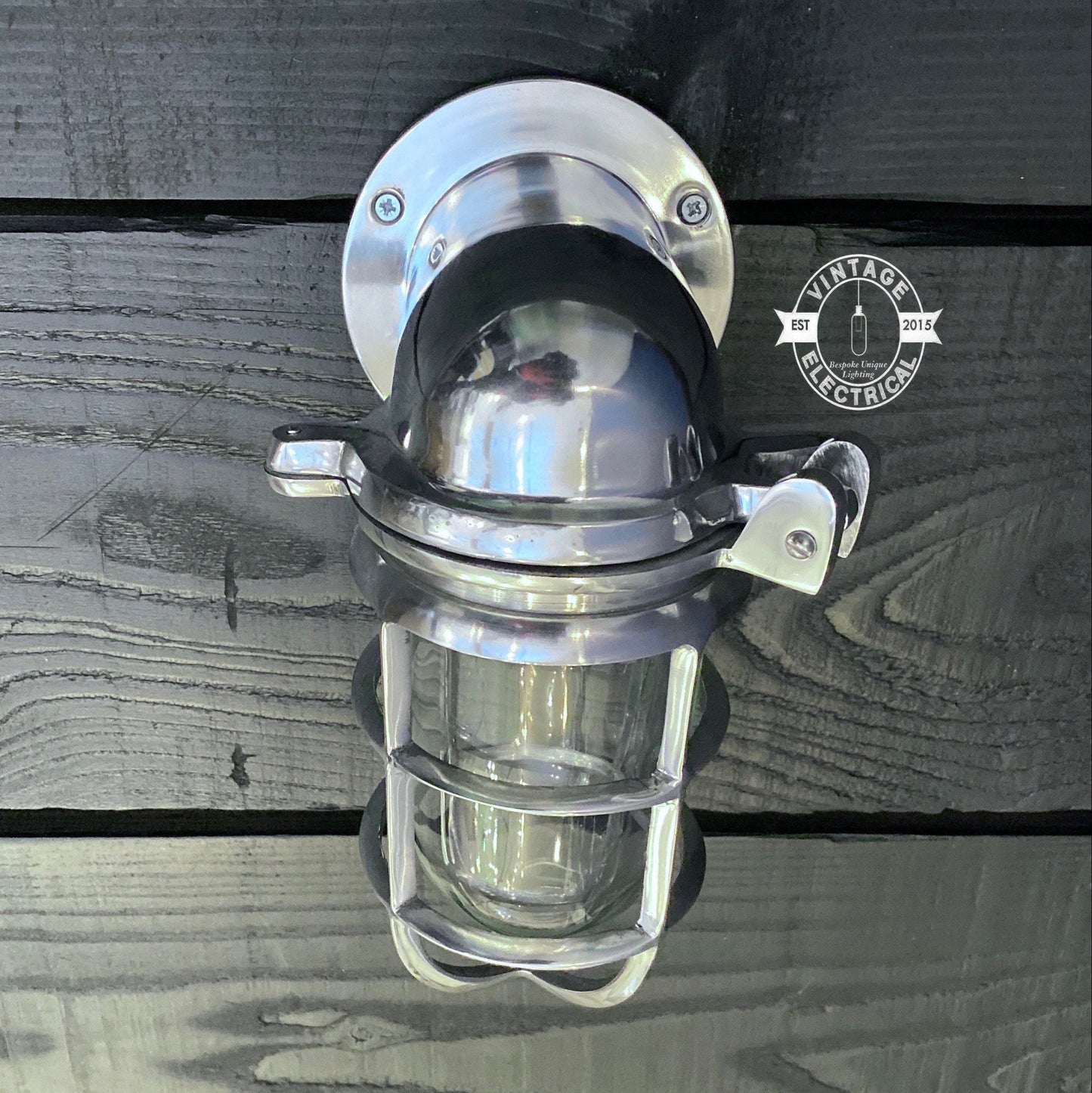 Happisburgh ~ Solid Polished Nickel Caged Bulkhead Industrial Wall Light | Bathroom | Outdoor Garden | Vintage 1 x Edison Filament Bulb