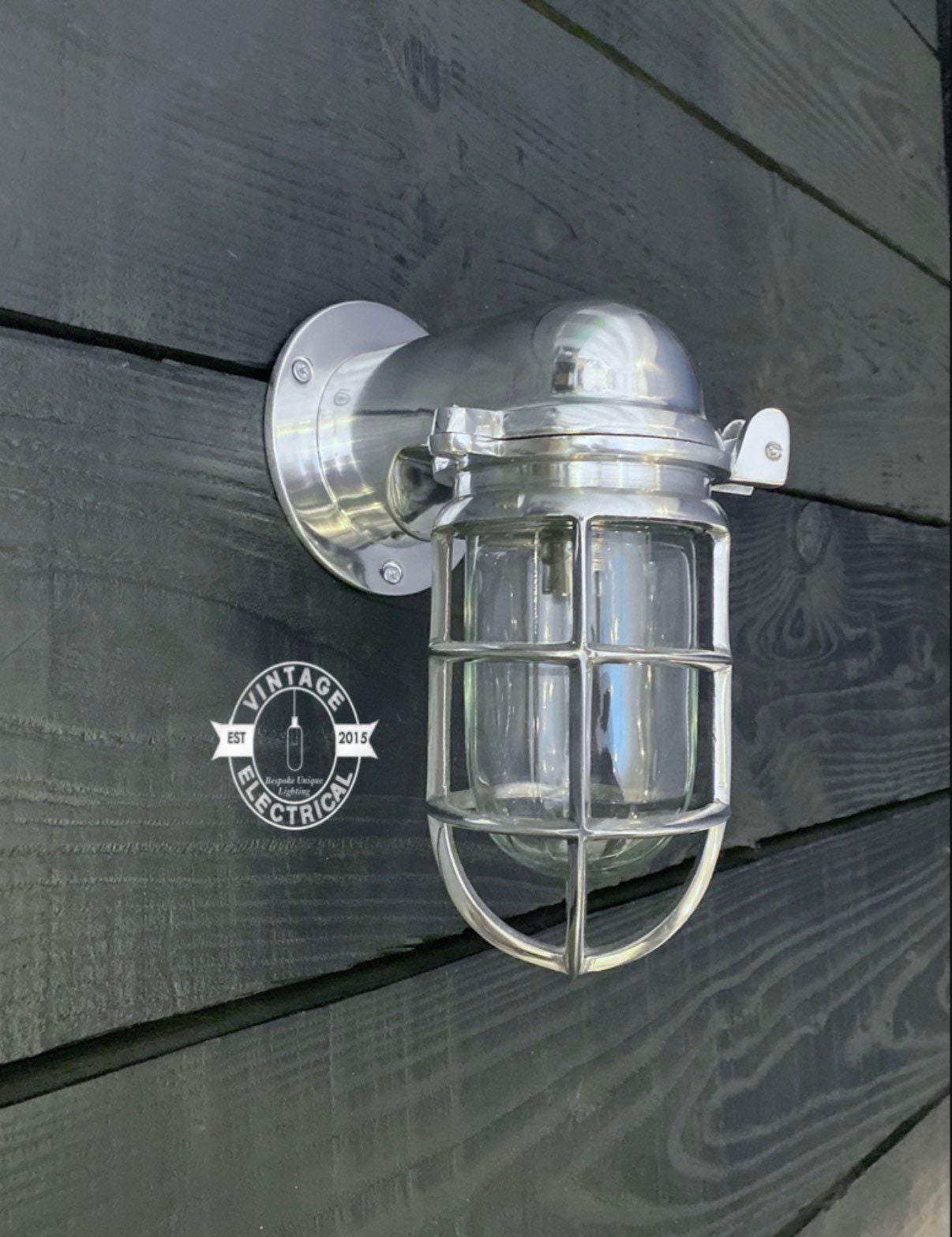 Happisburgh ~ Solid Polished Nickel Caged Bulkhead Industrial Wall Light | Bathroom | Outdoor Garden | Vintage 1 x Edison Filament Bulb