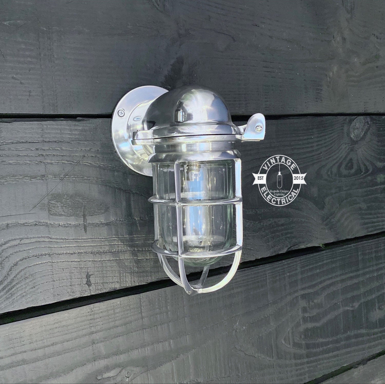 Happisburgh ~ Solid Polished Nickel Caged Bulkhead Industrial Wall Light | Bathroom | Outdoor Garden | Vintage 1 x Edison Filament Bulb