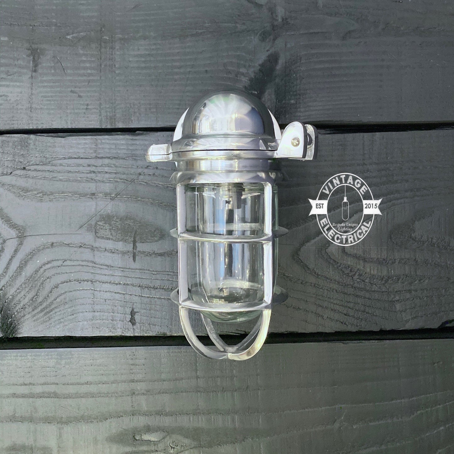 Happisburgh ~ Solid Polished Nickel Caged Bulkhead Industrial Wall Light | Bathroom | Outdoor Garden | Vintage 1 x Edison Filament Bulb