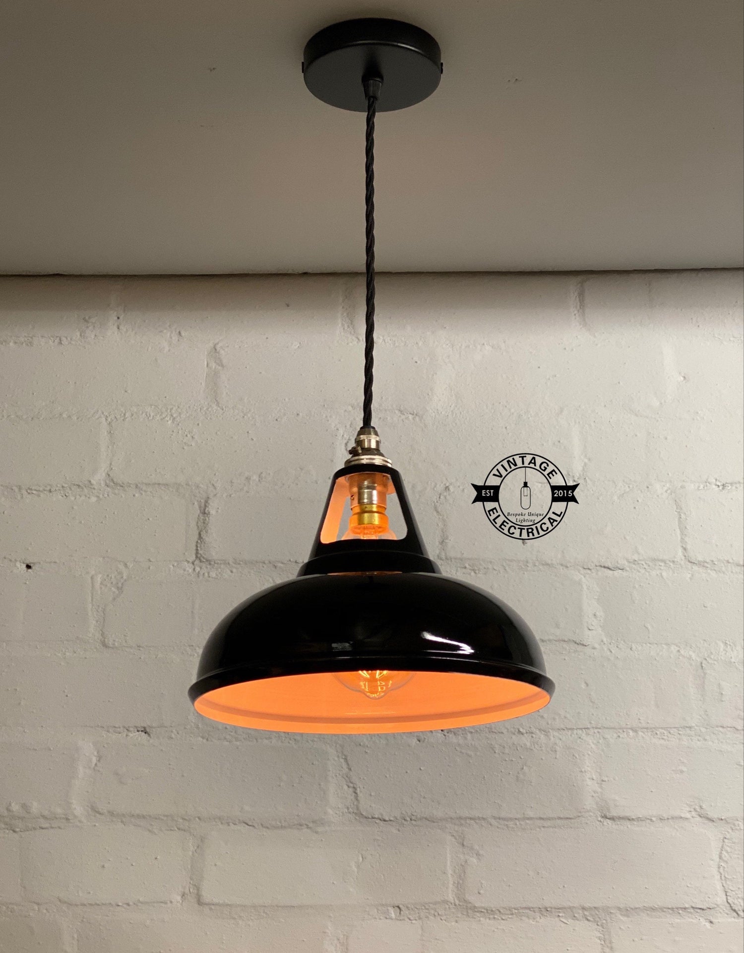 Cawston Small ~ **Worn** Gloss Black Solid Shade 1932 Design Pendant Set Light | Ceiling Dining Room | Kitchen Table | 9 Inch