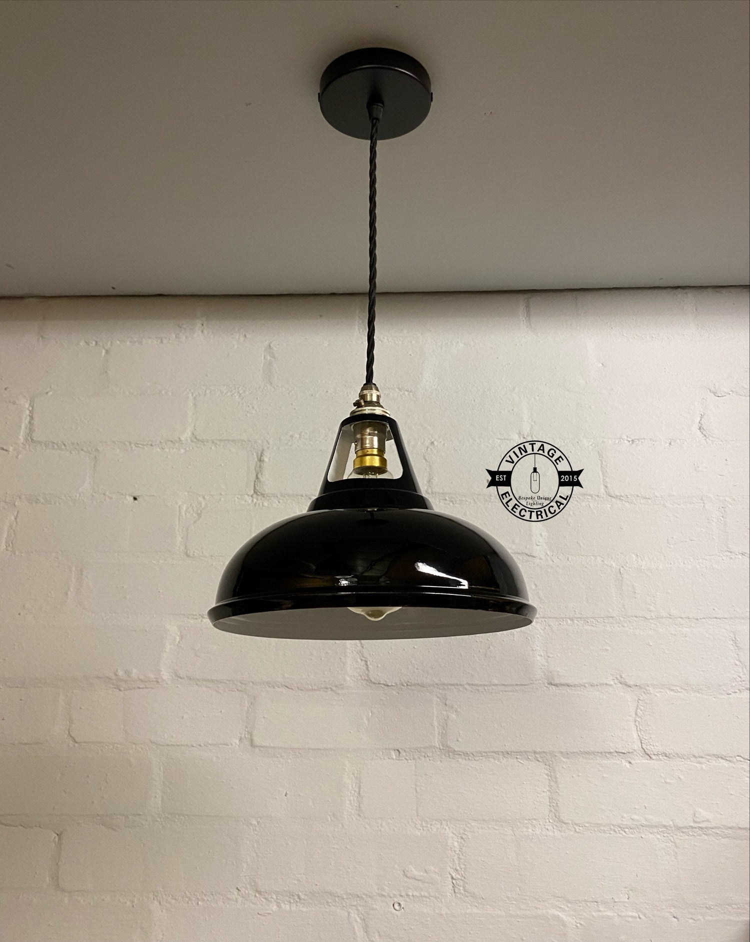 Cawston Small ~ **Worn** Gloss Black Solid Shade 1932 Design Pendant Set Light | Ceiling Dining Room | Kitchen Table | 9 Inch