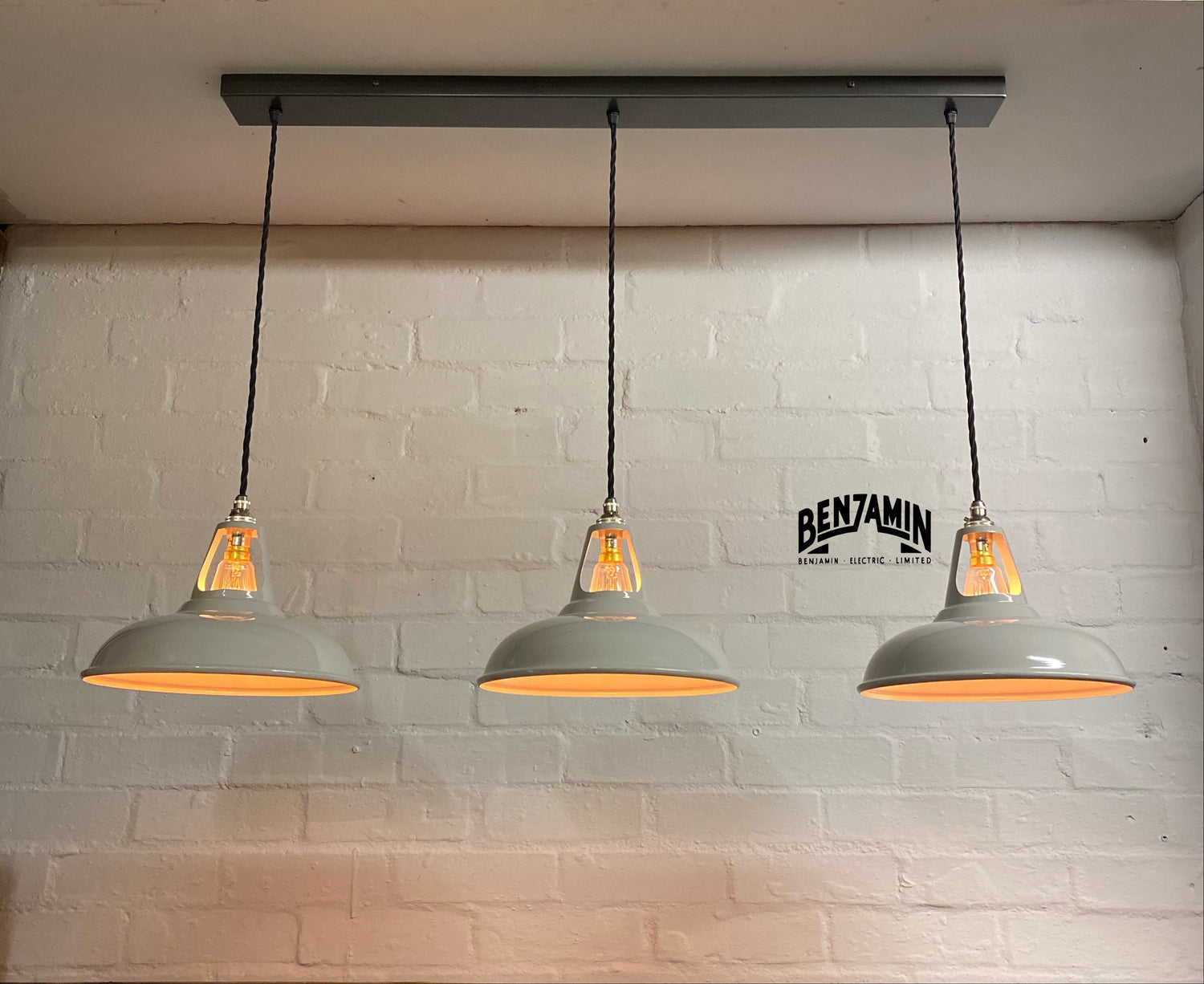 Cawston ~ 3 x Original Grey Shades 1932 Design Pendant Set Track Light | Ceiling Dining Room | Kitchen Table | Vintage Industrial