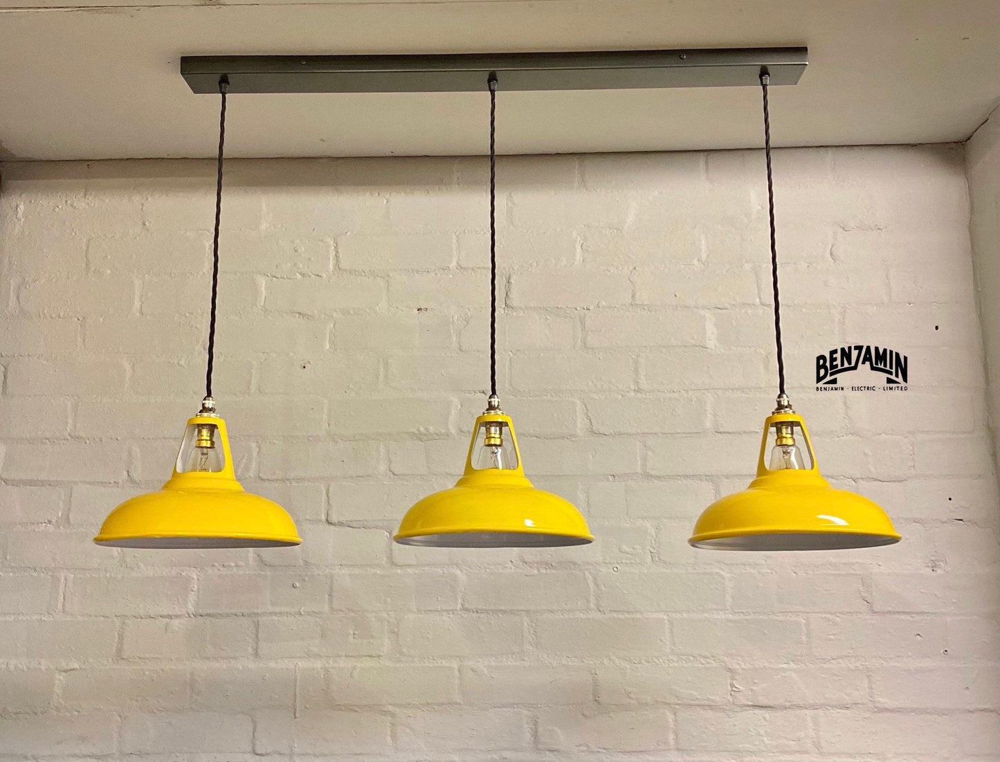 Cawston ~ 3 x Deep Yellow Shade 1932 Design Pendant Set Track Light | Dining Room | Kitchen Table | Vintage