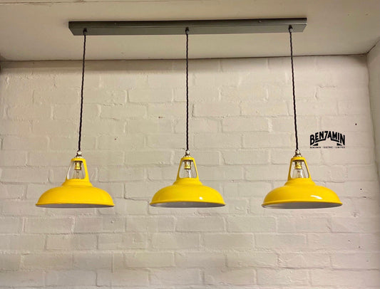 Cawston ~ 3 x Deep Yellow Shade 1932 Design Pendant Set Track Light | Dining Room | Kitchen Table | Vintage