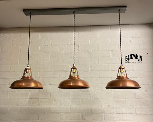 Cawston ~ 3 x Antique Copper Shade 1933 Design Pendant Set Track Light | Dining Room | Kitchen Table | Vintage