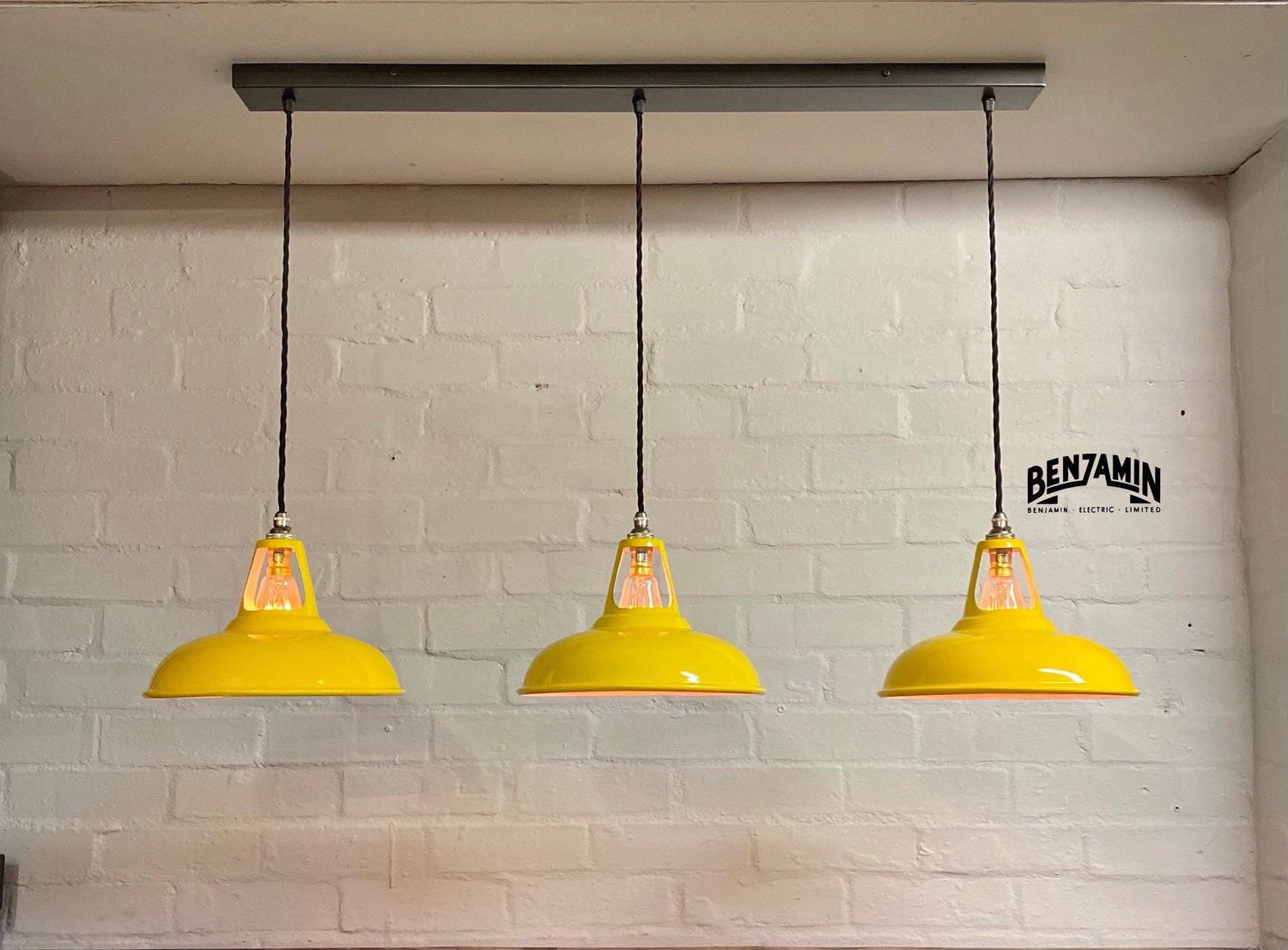 Cawston ~ 3 x Deep Yellow Shade 1932 Design Pendant Set Track Light | Dining Room | Kitchen Table | Vintage