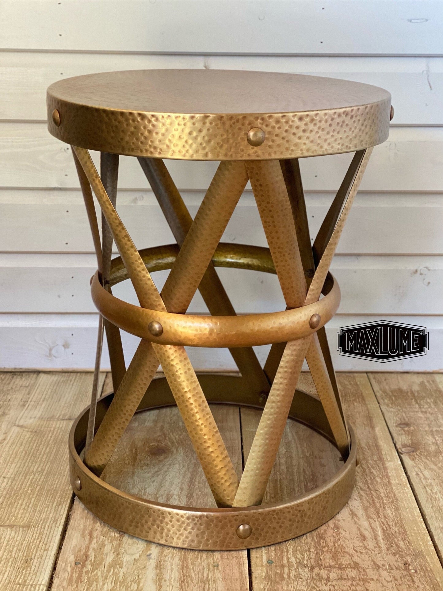 Maxlume ~ Patinated Hammered Brass Drum Side Table Industrial | Vintage Style | Floor Table