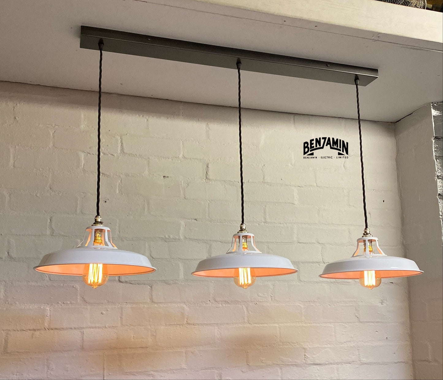 Bramerton ~ 3 x Original White Benflux Shade 1926 Design Pendant Set Track Light | Dining Room | Kitchen Table | Vintage