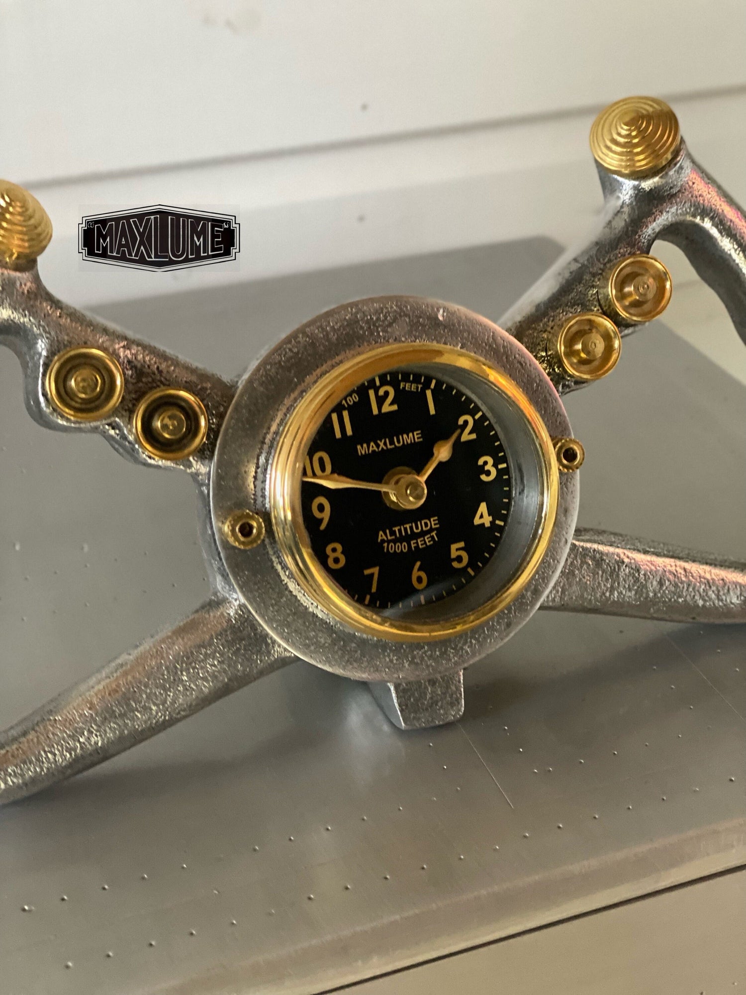 Maxlume ~ Cockpit Pilots Yoke Aviator Solid Brass Ships Clock Compass Nautical Vintage Industrial Pilot Decor