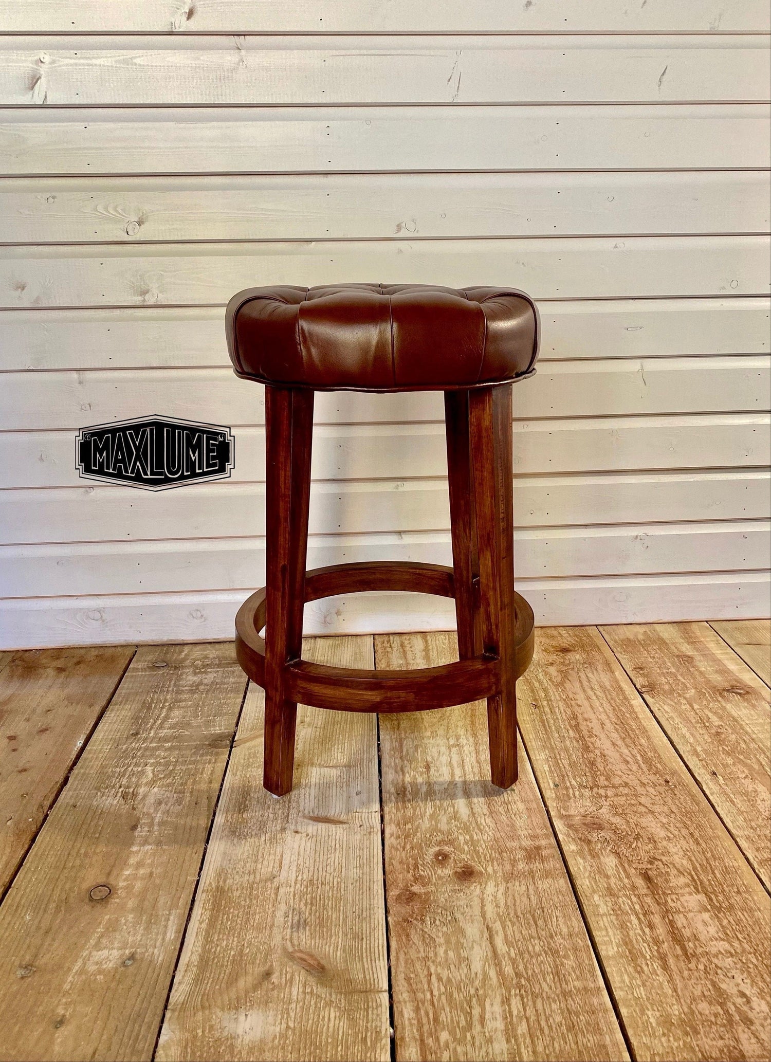 Maxlume ~ Brown Genuine Leather Button Top Solid Bar Stool Wooden Frame | Vintage Style | Solid Cast Metal | Floor Standing