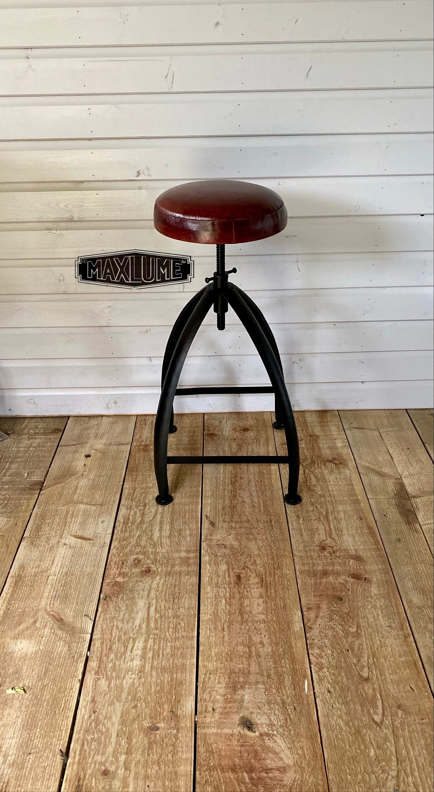 Maxlume ~ Black Industrial Leather Bar Stool | Vintage Style | Solid Cast Metal | Floor Standing