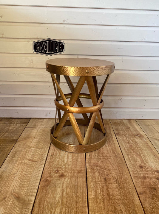 Maxlume ~ Patinated Hammered Brass Drum Side Table Industrial | Vintage Style | Floor Table