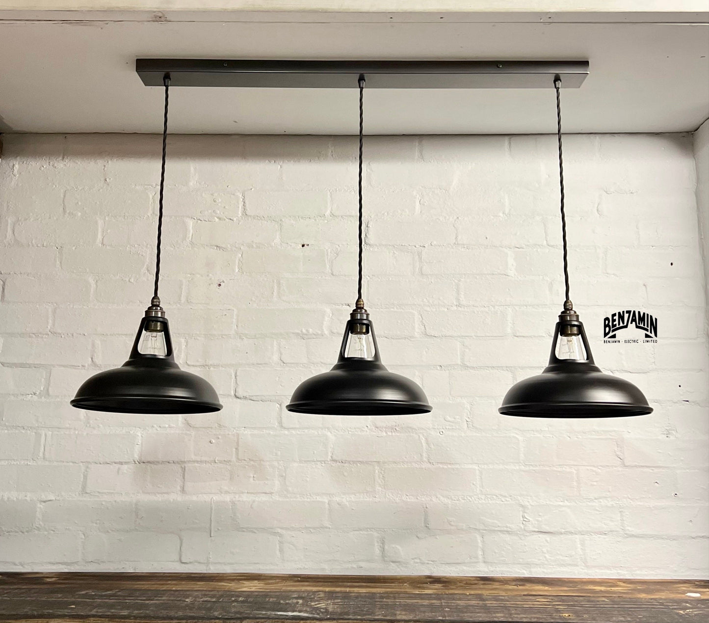 Cawston ~ 3 x Matt Black Shades 1932 Design Pendant Set Track Light | Ceiling Dining Room | Kitchen Table | Vintage Industrial