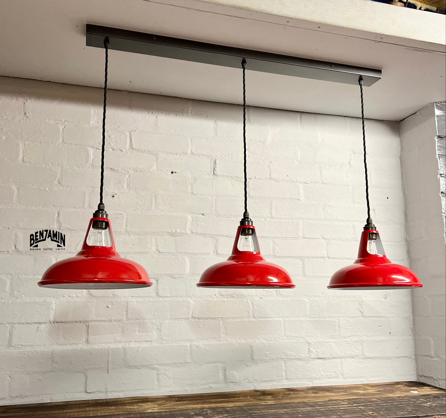 Cawston ~ 3 x Metropolitan Red Shade 1932 Design Pendant Set Track Light | Dining Room | Kitchen Table | Vintage