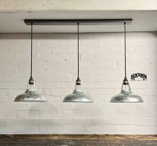 Cawston ~ Galvanised 3 x Shade 1932 Design Pendant Set Track Light | Dining Room | Kitchen Table | Vintage