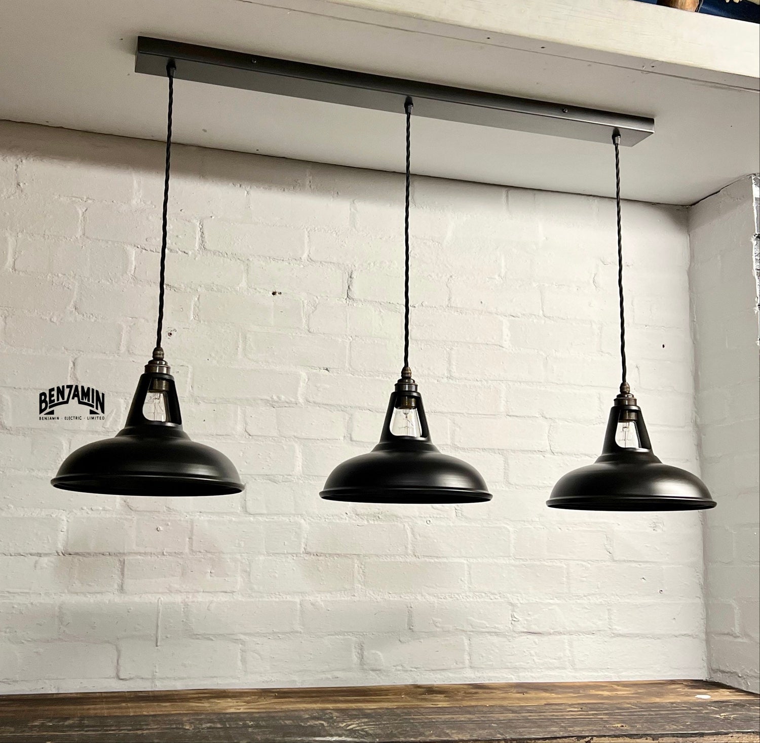 Cawston ~ 3 x Matt Black Shades 1932 Design Pendant Set Track Light | Ceiling Dining Room | Kitchen Table | Vintage Industrial