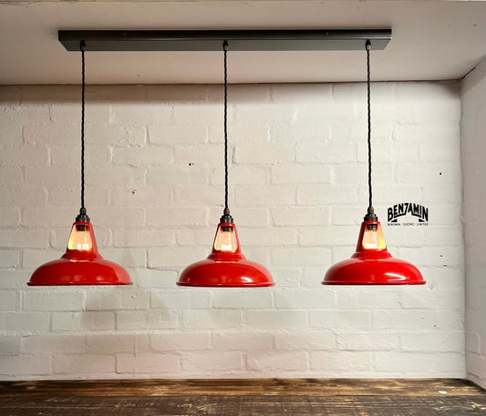 Cawston ~ 3 x Metropolitan Red Shade 1932 Design Pendant Set Track Light | Dining Room | Kitchen Table | Vintage