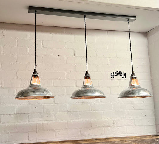 Cawston ~ Galvanised 3 x Shade 1932 Design Pendant Set Track Light | Dining Room | Kitchen Table | Vintage