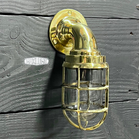 Beachamwell ~ Solid Brass Caged Swan Neck Bulkhead Industrial Wall Light | Bathroom | Outdoor Garden | Vintage