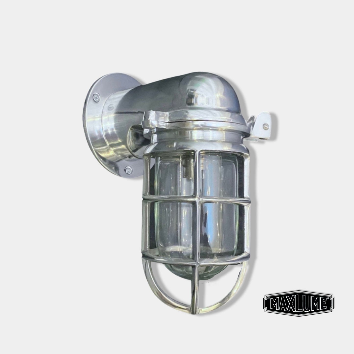 Happisburgh ~ Solid Polished Nickel Caged Bulkhead Industrial Wall Light | Bathroom | Outdoor Garden | Vintage Bulb **FACTORY SECOND**