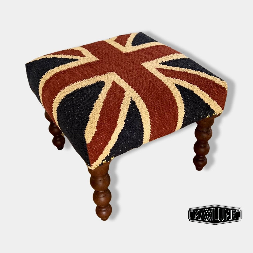 Maxlume ~ Union Jack Flag Bench | Great Britain | Foot Rest Pouf Solid Base | Vintage Style | Floor Standing | Man Cave Stool Jubilee