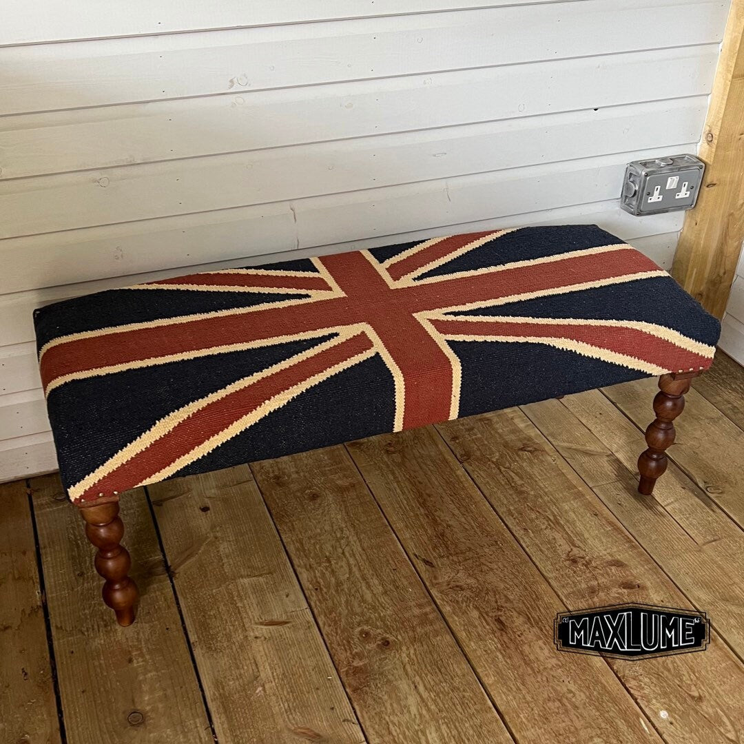 Maxlume ~ Union Jack Flag Bench | Great Britain | Pouf Solid Base | Vintage Style | Floor Standing | Man Cave Stool