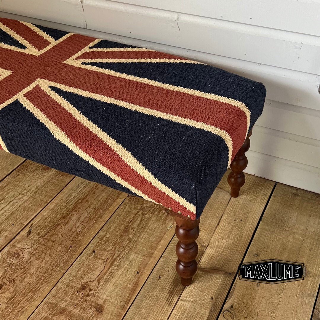 Maxlume ~ Union Jack Flag Bench | Great Britain | Pouf Solid Base | Vintage Style | Floor Standing | Man Cave Stool