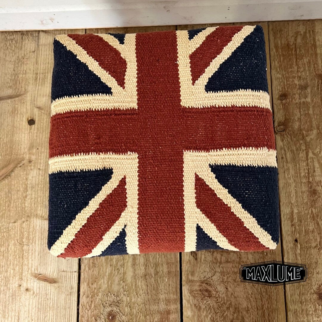 Maxlume ~ Union Jack Flag Bench | Great Britain | Foot Rest Pouf Solid Base | Vintage Style | Floor Standing | Man Cave Stool Jubilee