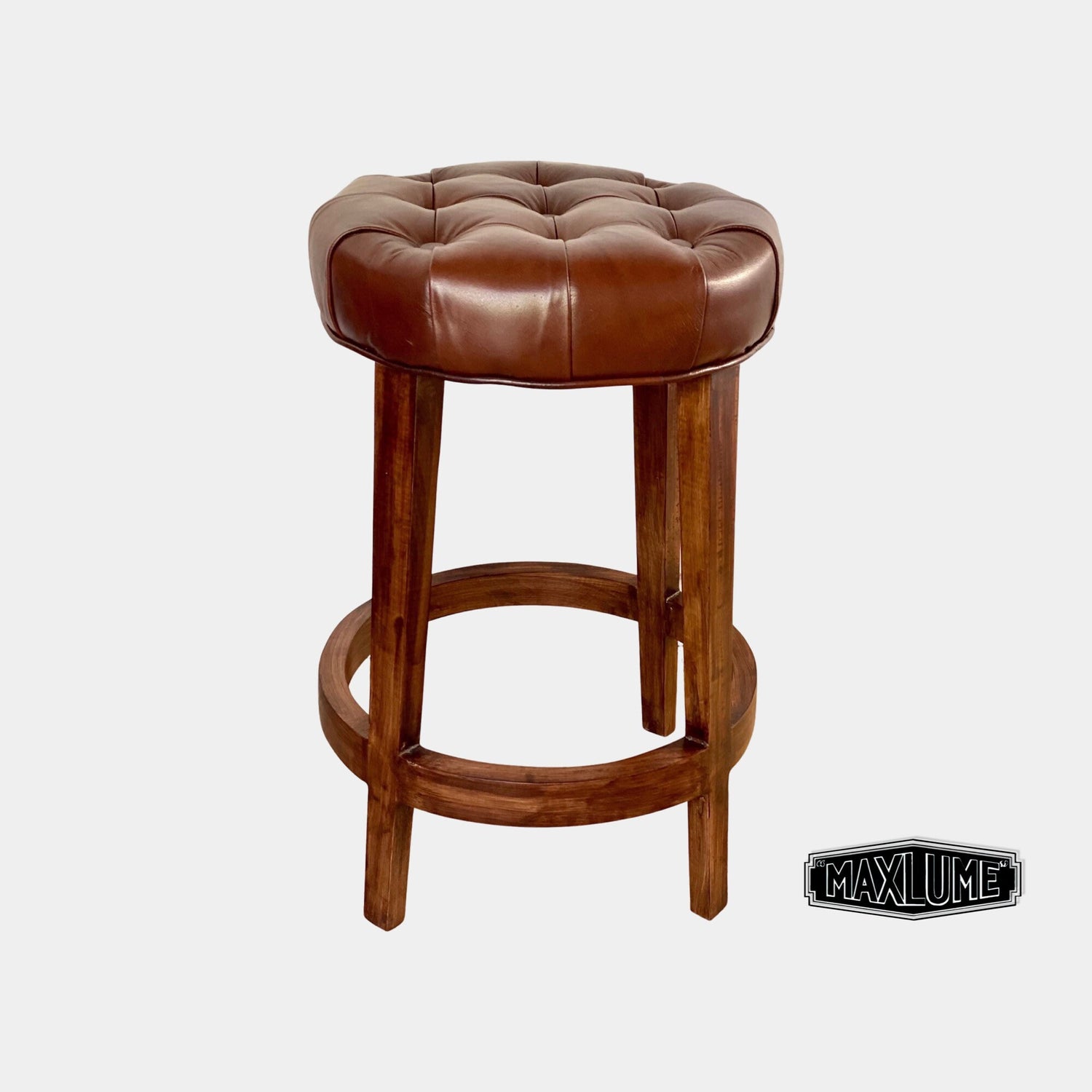 Maxlume ~ Brown Genuine Leather Button Top Solid Bar Stool Wooden Frame | Vintage Style | Solid Cast Metal | Floor Standing