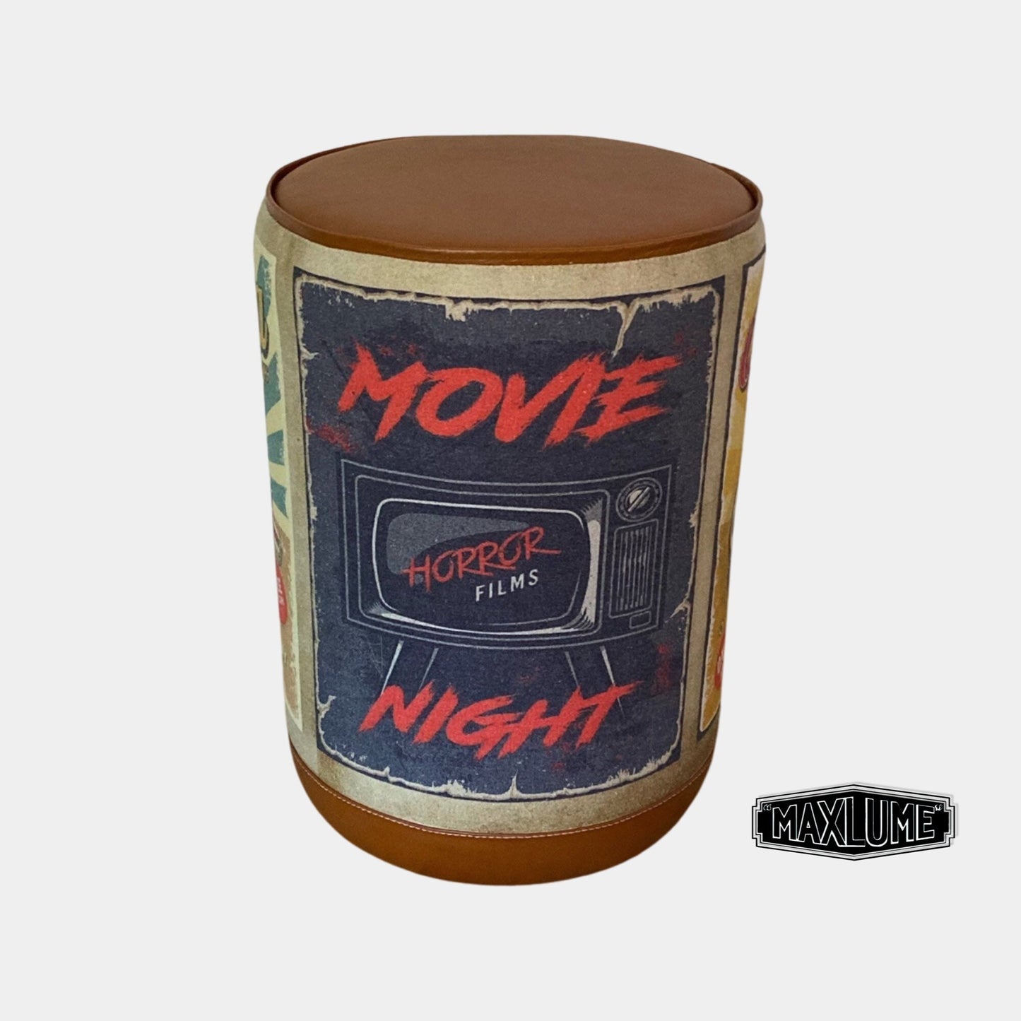 Maxlume ~ ‘Movie Night’ Pouf Solid Base Genuine Leather | Vintage Map Style | Floor Standing | Man Cave Foot Stool