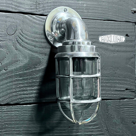 Beachamwell ~ Solid Caged Swan Neck Bulkhead Industrial Outdoor Garden & Bathroom Wall Light | Vintage Sconce Filament Bulb