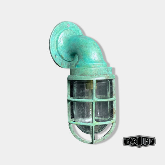 Beachamwell ~ Solid Brass Verdigris Caged Bulkhead Industrial Wall Light | Bathroom | Outdoor Garden | Vintage 1 x Edison Filament Bulb