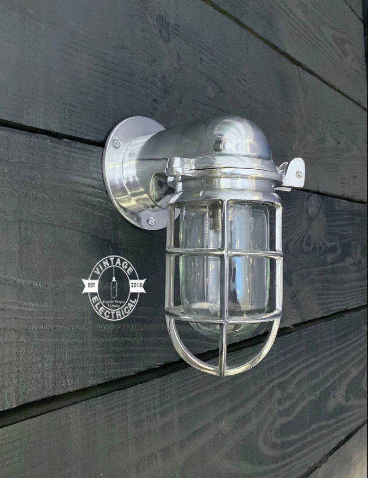 Happisburgh ~ Solid Polished Nickel Caged Bulkhead Industrial Wall Light | Bathroom | Outdoor Garden | Vintage Bulb **FACTORY SECOND**