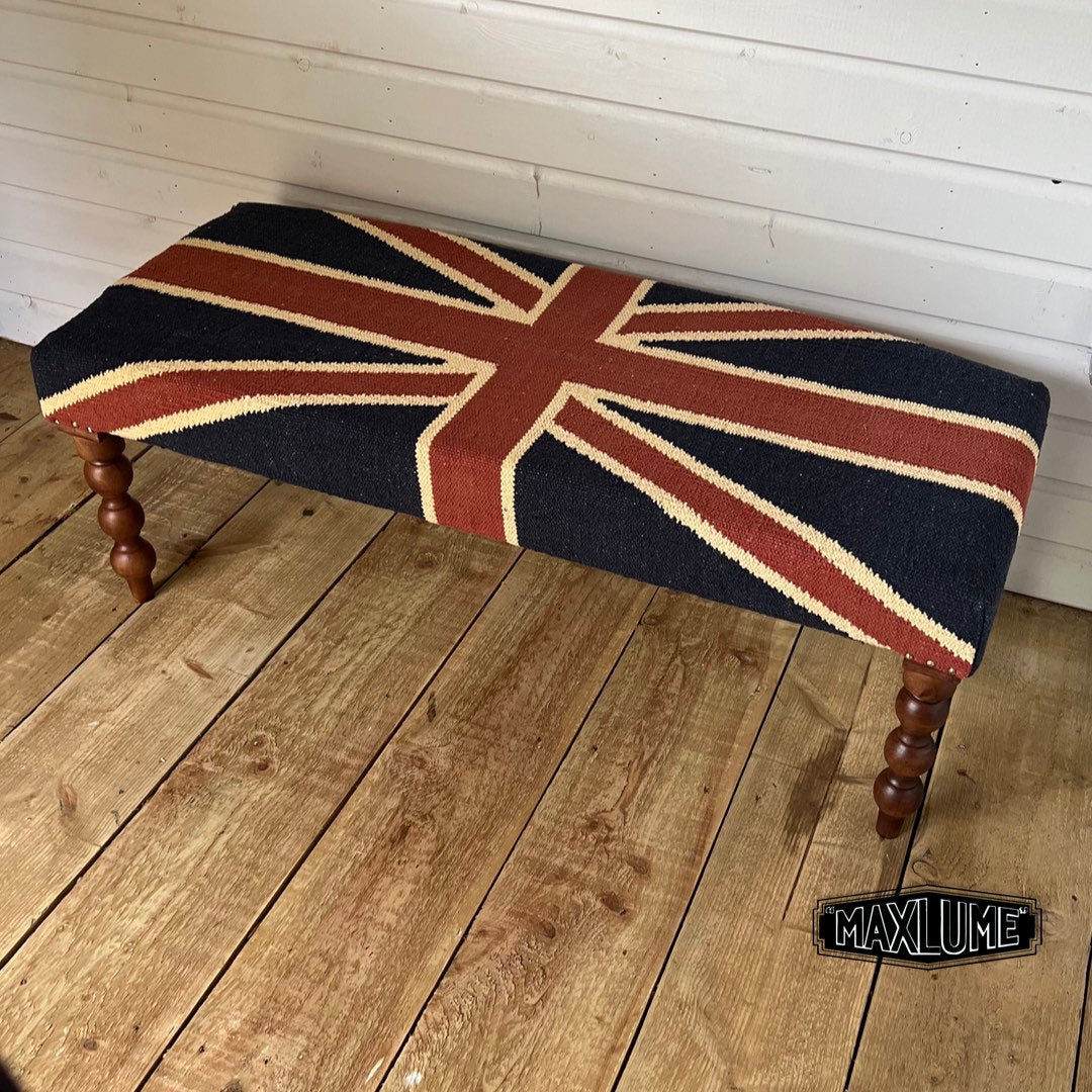 Maxlume ~ Union Jack Flag Bench | Great Britain | Pouf Solid Base | Vintage Style | Floor Standing | Man Cave Stool