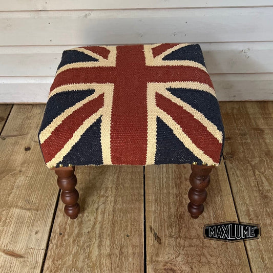 Maxlume ~ Union Jack Flag Bench | Great Britain | Foot Rest Pouf Solid Base | Vintage Style | Floor Standing | Man Cave Stool Jubilee