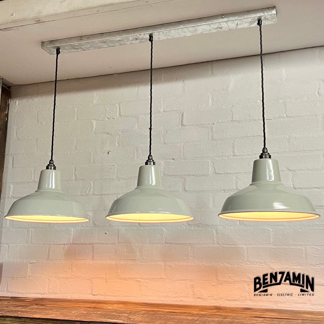 Filby ~ 3 x Grey Shade RLM 1921 Design Pendant Set Galvanised Track Light | Dining Room | Kitchen Table | Vintage