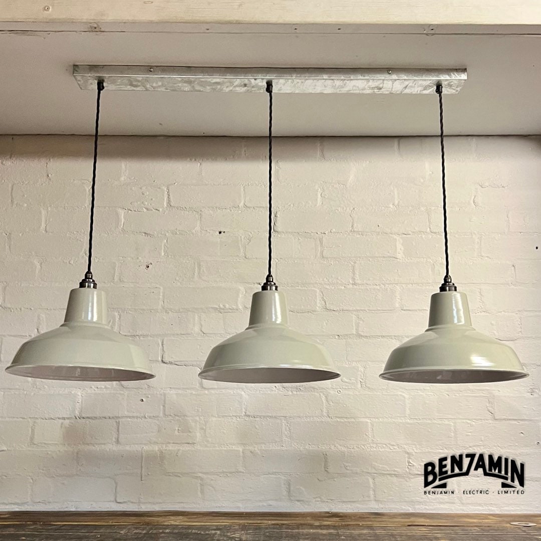 Filby ~ 3 x Grey Shade RLM 1921 Design Pendant Set Galvanised Track Light | Dining Room | Kitchen Table | Vintage