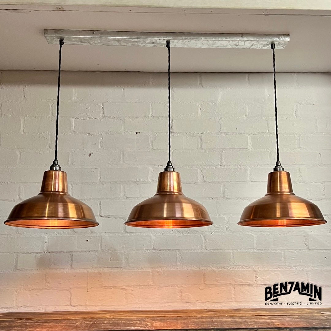 Filby ~ 3 x Antique Copper Shade RLM 1921 Design Pendant Set Galvanised Track Light | Dining Room | Kitchen Table | Vintage