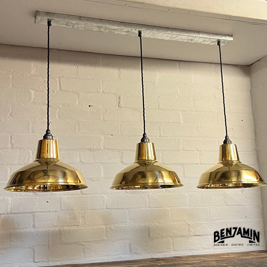 Filby ~ 3 x Solid Brass Shade RLM 1921 Design Pendant Set Galvanised Track Light | Dining Room | Kitchen Table | Vintage Au Gold