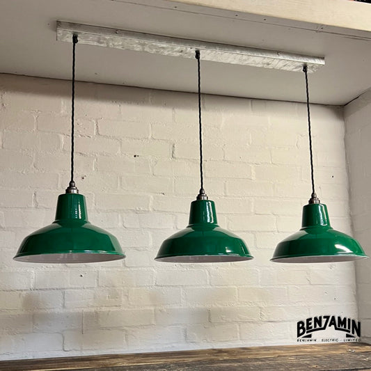 Filby ~ 3 x Green Shade RLM 1921 Design Pendant Set Galvanised Track Light | Dining Room | Kitchen Table | Vintage