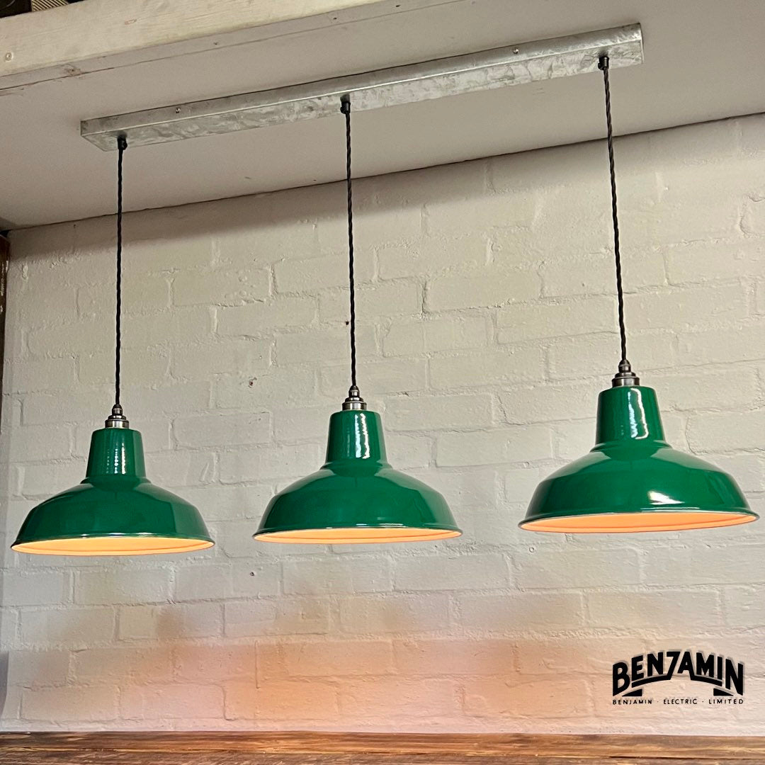 Filby ~ 3 x Green Shade RLM 1921 Design Pendant Set Galvanised Track Light | Dining Room | Kitchen Table | Vintage