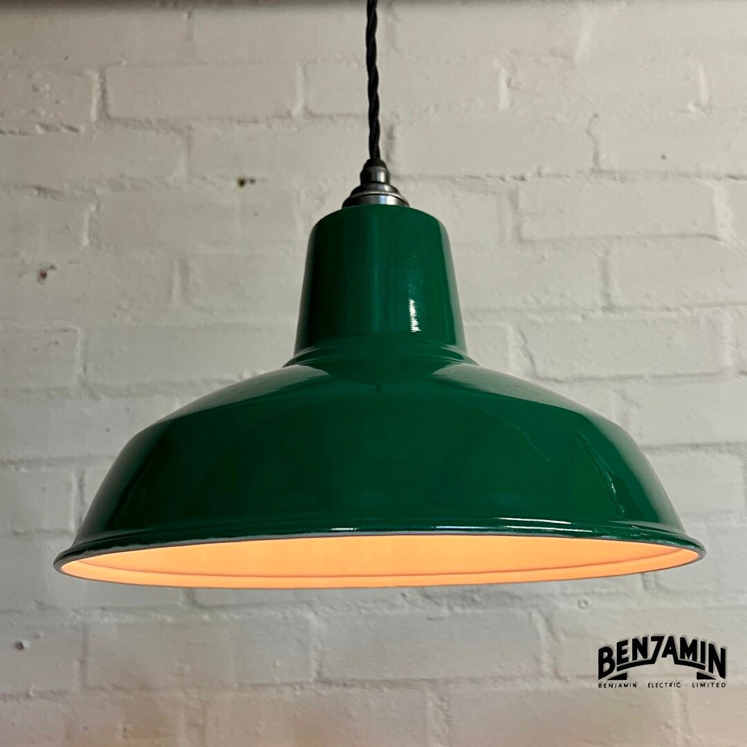 Filby ~ 3 x Green Shade RLM 1921 Design Pendant Set Galvanised Track Light | Dining Room | Kitchen Table | Vintage