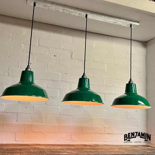 Filby ~ 3 x Green Shade RLM 1921 Design Pendant Set Galvanised Track Light | Dining Room | Kitchen Table | Vintage