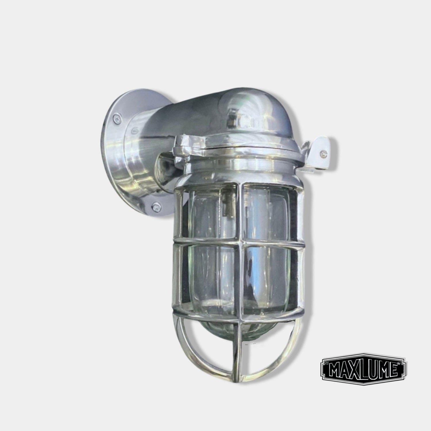 Happisburgh ~ Solid Polished Nickel Caged Bulkhead Industrial Wall Light | Bathroom | Outdoor Garden | Vintage 1 x Edison Filament Bulb