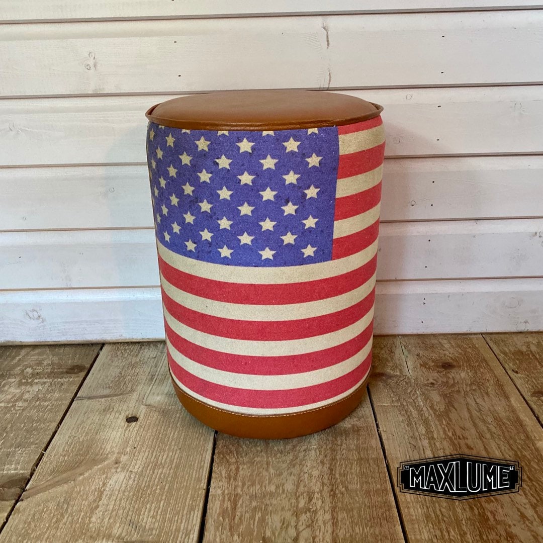 Stars & Stripes Flag Of The United States USA Pouf Solid Base Genuine Leather | Vintage Style | Floor Standing | Foot Stool Door Stop