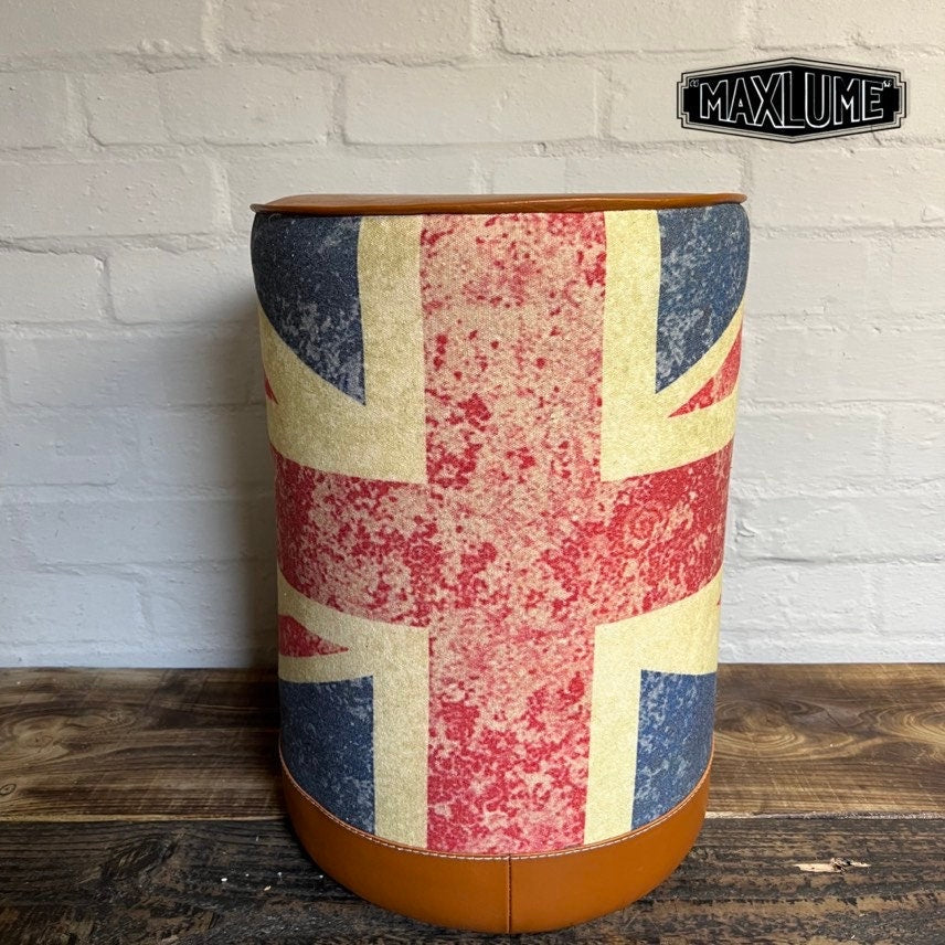 Maxlume ~ Union Jack Flag | Great Britain | Pouf Solid Base Genuine Leather | Vintage Style | Floor Standing | Man Cave Foot Stool