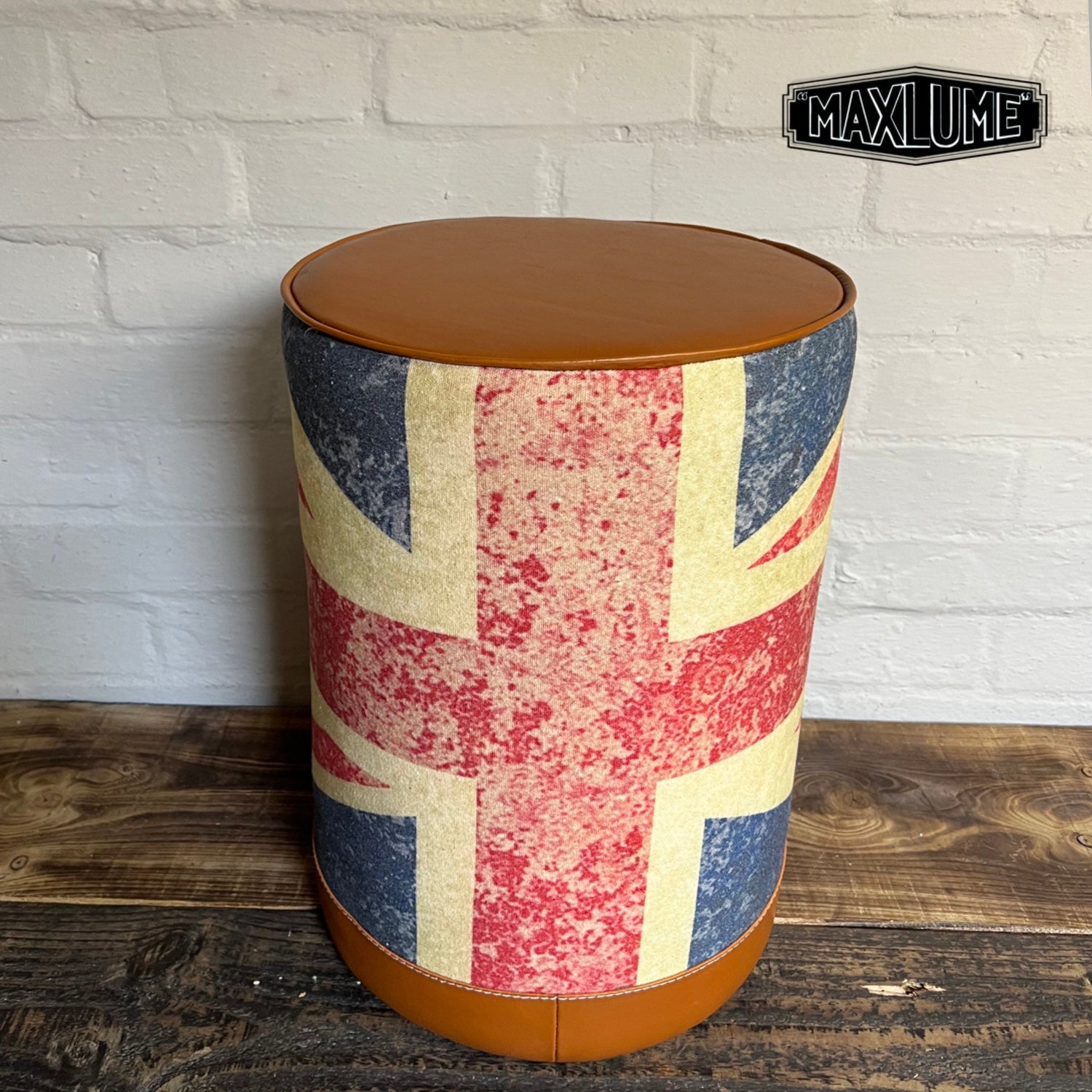 Maxlume ~ Union Jack Flag | Great Britain | Pouf Solid Base Genuine Leather | Vintage Style | Floor Standing | Man Cave Foot Stool