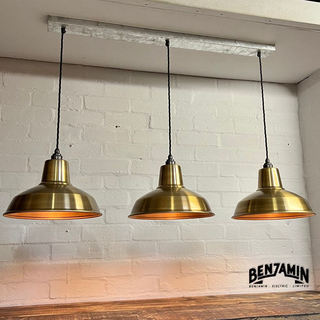 Filby ~ 3 x Antique Brass Shade RLM 1921 Design Pendant Set Galvanised Track Cluster Light | Dining Room | Kitchen Table | Vintage